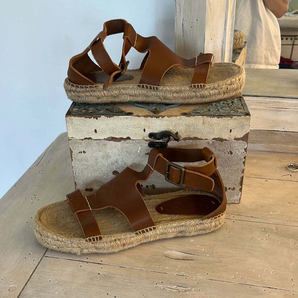 Soludos Leather Espadrilles Banded Shield Open Toe Buckle Flatform Sandals